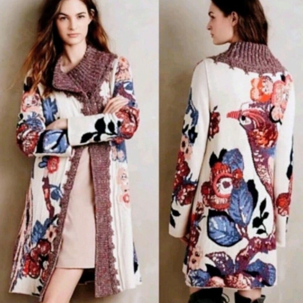 Anthropologie Sleeping on Snow Foret Embroidered Boho Long Sweater Cardigan Coat
